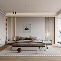 Modern Bedroom Interior Design With Bed Artwork Nightstands Pendant Lights Rug And Window Blinds
