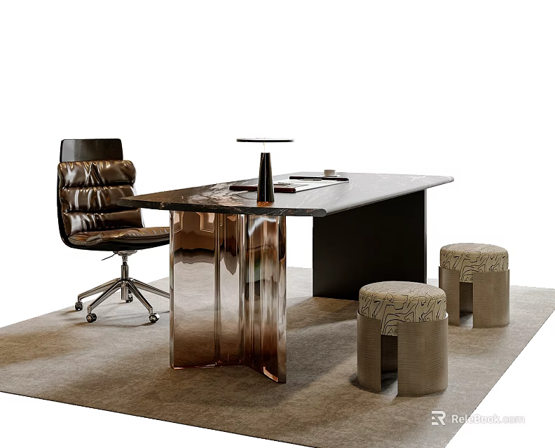 Modern Office Desk and Chair Set with Black Leather Chair Metallic Legs Textured Gray Stools 3d model 