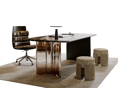 Modern Office Desk and Chair Set with Black Leather Chair Metallic Legs Textured Gray Stools 3d model