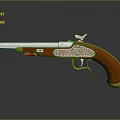 Vintage Pistol With Red Grip Golden Decorations And Silver Barrel