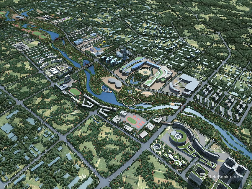Aerial Planning Layout Design With Green Spaces Water Bodies Urban Buildings And Road Networks 3d model 