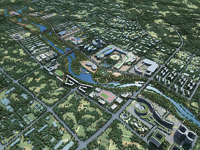 Aerial Planning Layout Design With Green Spaces Water Bodies Urban Buildings And Road Networks 3d model