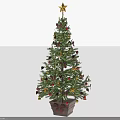 Christmas Tree With Gold Star On Top And Red Gold Ornaments In Pot With Bow