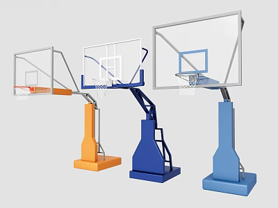 Three Orange Blue and Light Blue Basketball Hoops With Sturdy Base Backboard And Adjustable Rim 3d model