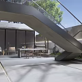 Modern Roof Garden Space With Concrete Structure Stairs Green Plants And Outdoor Lights