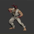 Muscular Karate Character in White Uniform with Red Headband Black Belt and Fighting Stance