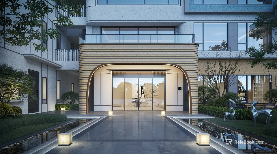 Elegant Modern Building Entrance With Arched Glass Doors Green Plants And Stone Pathway Lighting 3d model 