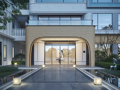 Elegant Modern Building Entrance With Arched Glass Doors Green Plants And Stone Pathway Lighting 3d model
