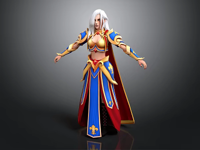 White Haired Female Fantasy Character In Blue Red Robe With Golden Trim And Yellow Patterns 3d model