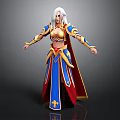 White Haired Female Fantasy Character In Blue Red Robe With Golden Trim And Yellow Patterns