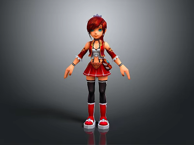 Anime Red Haired Girl Character With Little Fox Cub In Red White Outfit 3d model