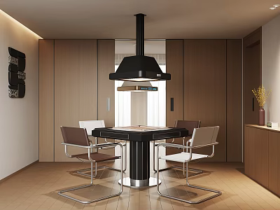 Mahjong Room Interior Design With Black Table Four Chairs Black Pendant Light And Wooden Walls 3d model