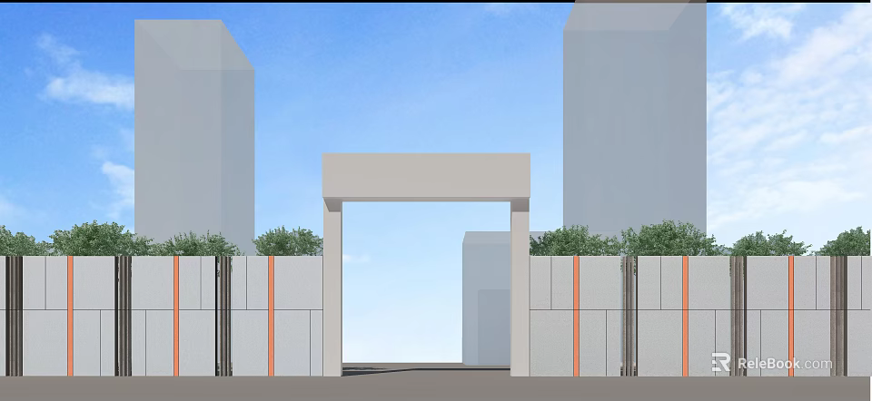 Modern Entrance Gate Design With Gray Structure Green Plants And Blue Sky View 3d model 