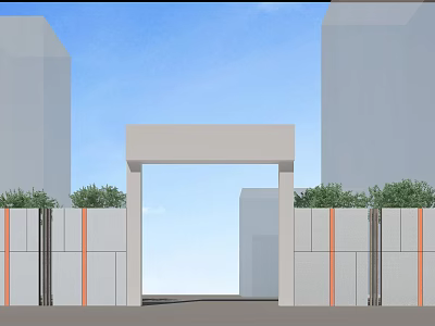Modern Entrance Gate Design With Gray Structure Green Plants And Blue Sky View 3d model