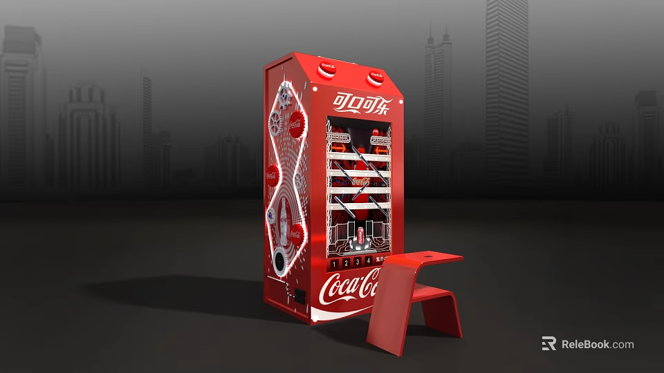 Red Coca-Cola Vending Machine Entertainment Appliance with Small Stool in Urban City Setting 3d model 