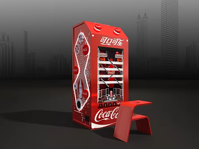 Red Coca-Cola Vending Machine Entertainment Appliance with Small Stool in Urban City Setting 3d model