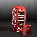Red Coca-Cola Vending Machine Entertainment Appliance with Small Stool in Urban City Setting