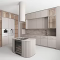 Modern Kitchen Interior With Light Colored Cabinets And Marble Island Countertop