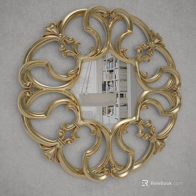 Gold Ornate Round Mirror Reflecting Bookshelf And Lamp In Room 3d model 