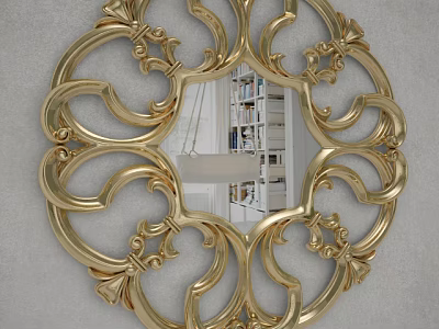 Gold Ornate Round Mirror Reflecting Bookshelf And Lamp In Room 3d model