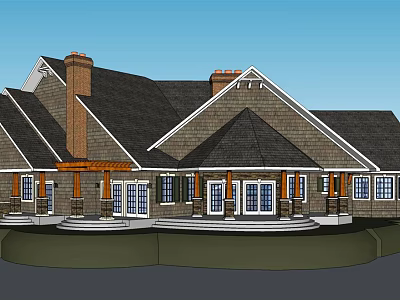 Traditional Single Family Home With Gabled Roof Chimney And Front Porch Wooden Trim 3d model