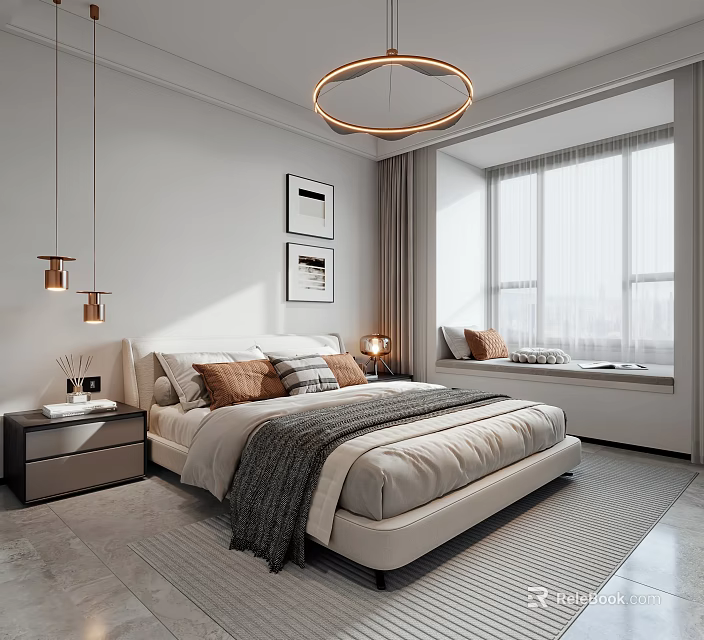 Modern Bedroom Interior Design With Large Bed Nightstand Circular Chandelier And Window 3d model 
