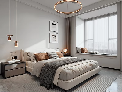 Modern Bedroom Interior Design With Large Bed Nightstand Circular Chandelier And Window 3d model