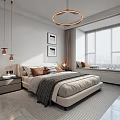 Modern Bedroom Interior Design With Large Bed Nightstand Circular Chandelier And Window