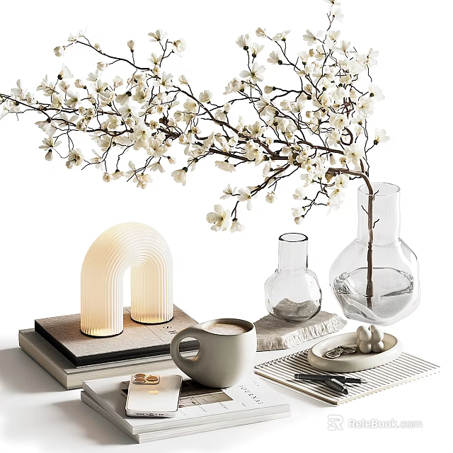 Decorative Ornament Set With White Blossom Branch Arched Lamp Glass Vases Books And Coffee Mug 3d model 