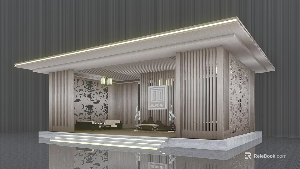 Modern Pergola Design With Wooden Lattice Ceiling Lighting And Decorative Wall Panels 3d model 