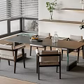 Modern Dining Table with Upholstered Chairs near Window with Blinds and Green Plant Decor