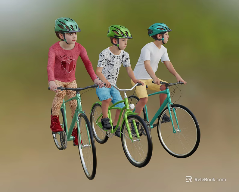 Three Kids Riding Bicycles Wearing Safety Helmets Enjoying Outdoor Activity 3d model 