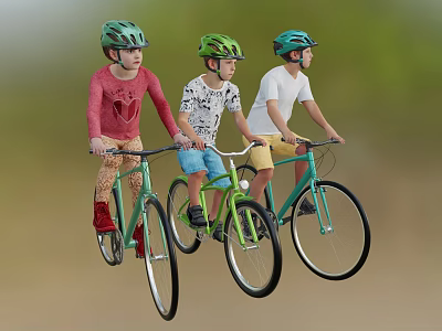 Three Kids Riding Bicycles Wearing Safety Helmets Enjoying Outdoor Activity 3d model