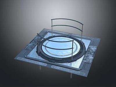 Textured Circular Metallic Platform With Curved Railings And Square Base 3d model