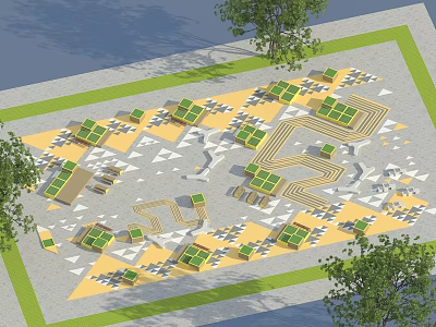 Innovative Urban Open Space Design With Geometric Pavement Green Modules And Trees 3d model