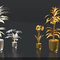 Golden Potted Plants With Different Sizes And Golden Leaves On Black Background