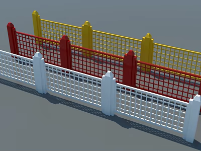 Colorful Fences With White Red Yellow Grid Design And Decorative Posts 3d model