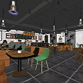 Cozy Restaurant Interior With Wooden Tables Chairs And Hanging Pendant Lights