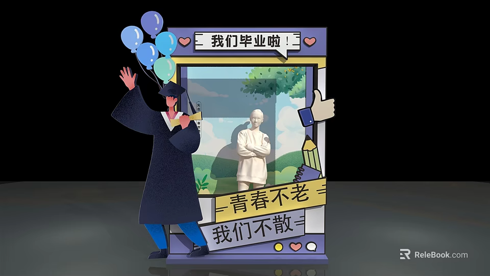 Graduation Photo Spot With Balloons Graduation Gown And Statue For Youth Memories 3d model 