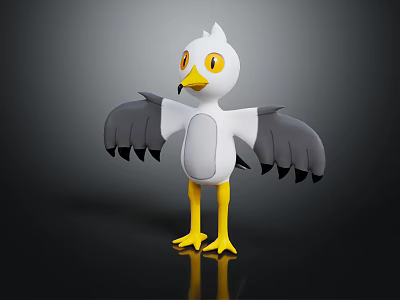 3D Animated Bird Character With White Body Gray Wings And Yellow Feet 3d model
