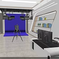 Modern Professional Broadcasting Studio With Blue Chroma Key Shooting Equipment And Functional Control Workstation