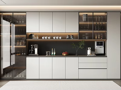 Modern Wine Cabinet With Glass Door White Cabinets Black Backsplash Wine Glasses And Kitchen Appliances 3d model