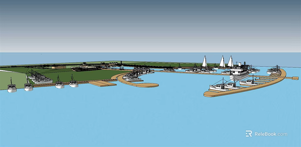 Scenic Marina With Blue Water Docks And White Sailboats Along Waterfront 3d model 