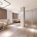 Hospital Outpatient Clinic Waiting Area With Purple Seats White Columns Wooden Flooring And Curtains