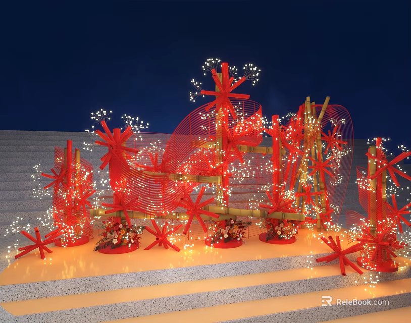 Red Festive Art Installation With Star Decorations String Lights And Steps 3d model 