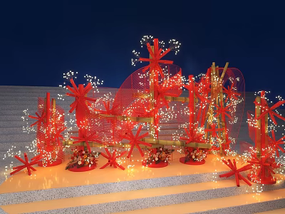 Red Festive Art Installation With Star Decorations String Lights And Steps 3d model