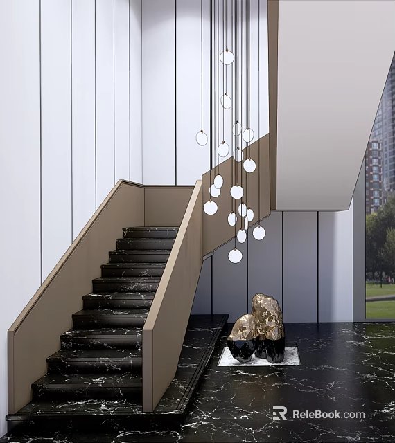 Modern Black Marble Staircase Interior With Round Pendant Lights And Decorative Sculpture 3d model 