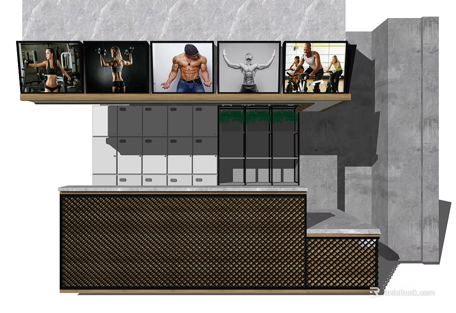 Fitness Themed Reception Desk With Workout Image Screens And Storage Lockers 3d model 