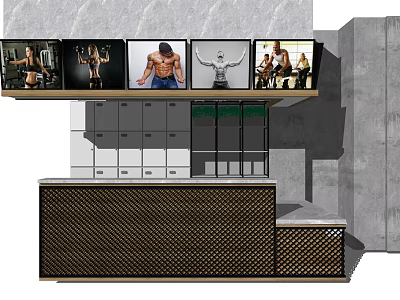 Fitness Themed Reception Desk With Workout Image Screens And Storage Lockers 3d model