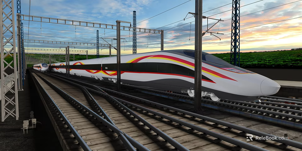 High Speed Train On Railway Tracks Under Overhead Wires At Sunset 3d model 